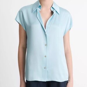 100% Silk Cap-Sleeve Ruched-Back Blouse in Baby Blue (Celeste) NWT